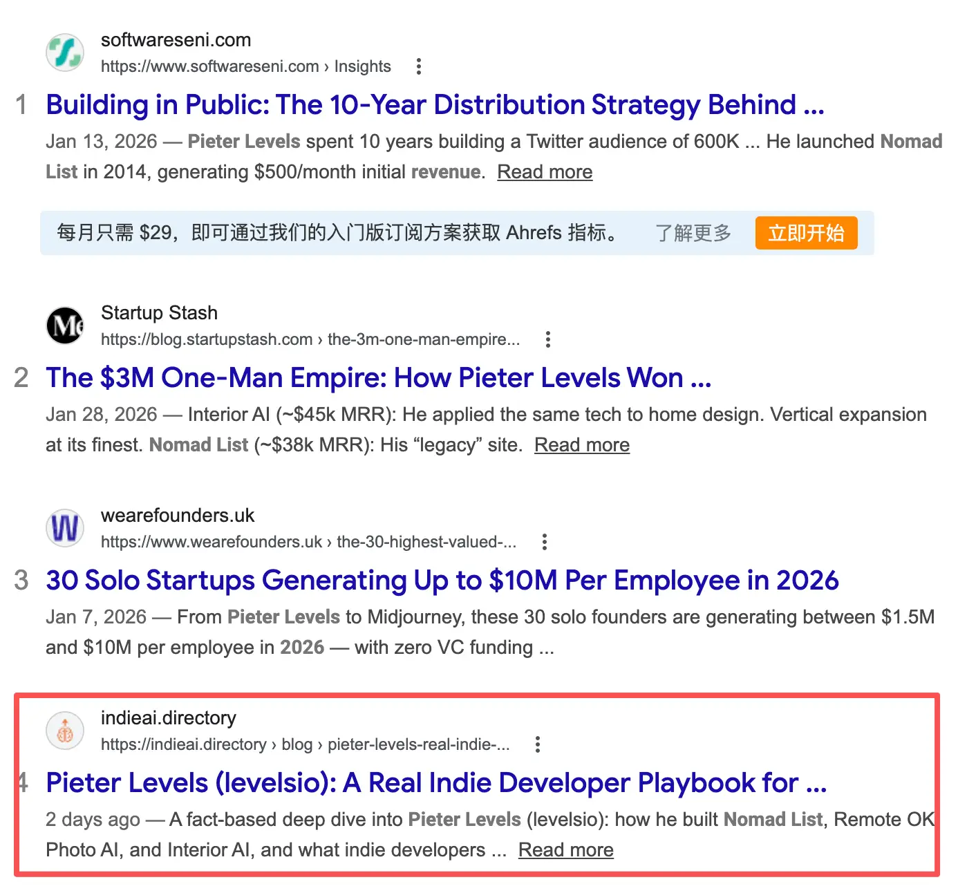 Google first-page ranking proof from IndieAI blog article